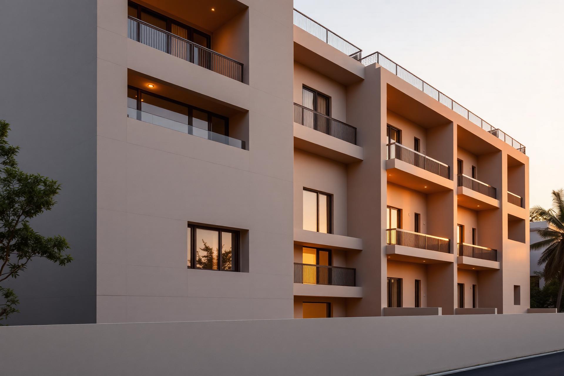Modern residential building at golden hour